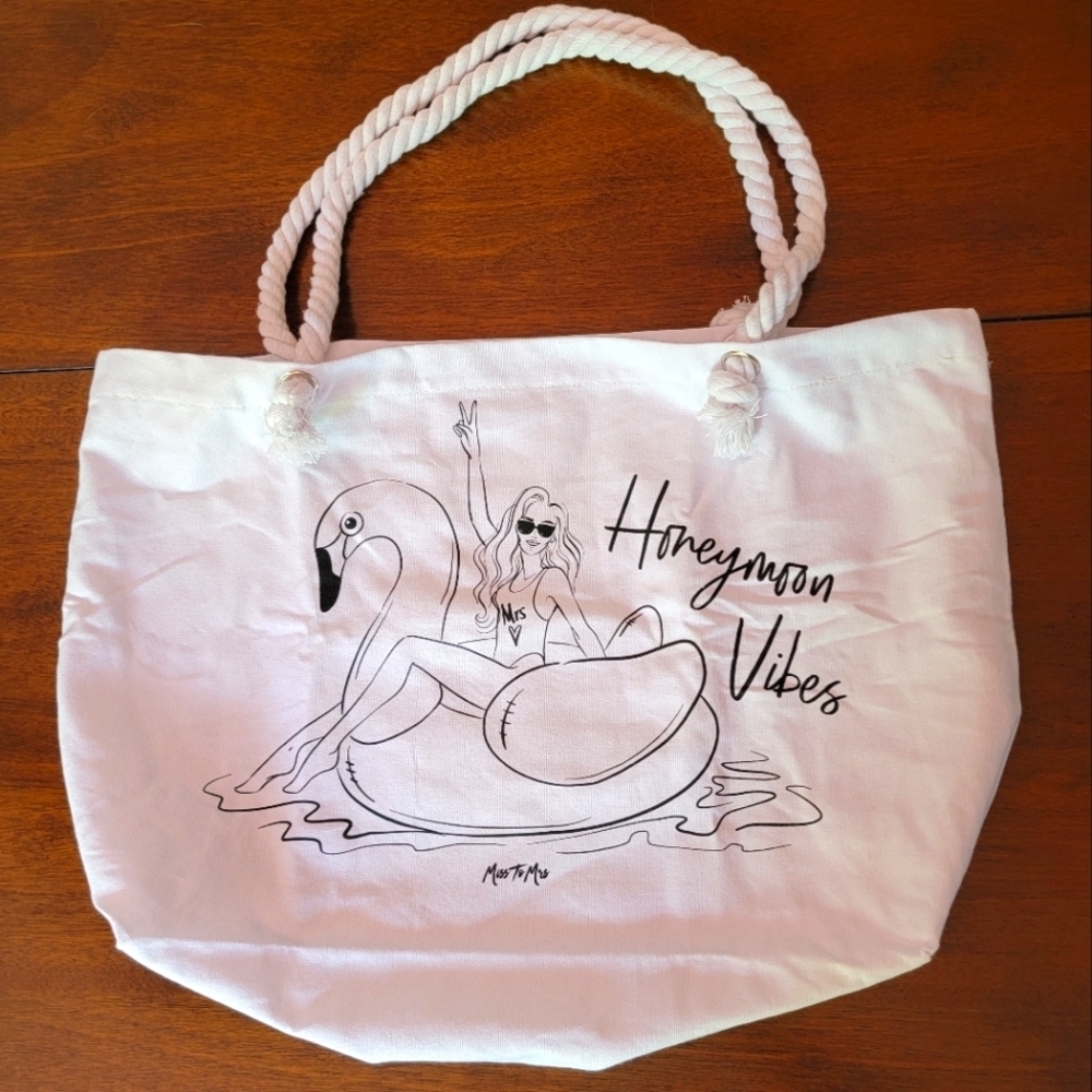 NEW Honeymoon Vibes White Bride Beachy Canvas Tote